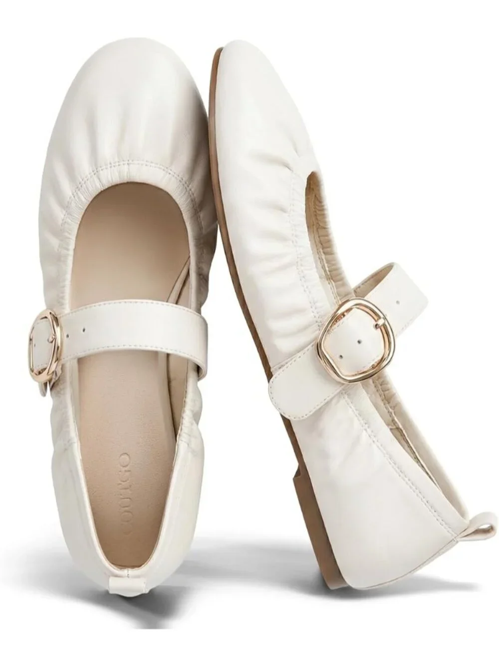 Women's Cream Faux Leather Comfortable Slip On Ballet Ruched Round Toe Flats